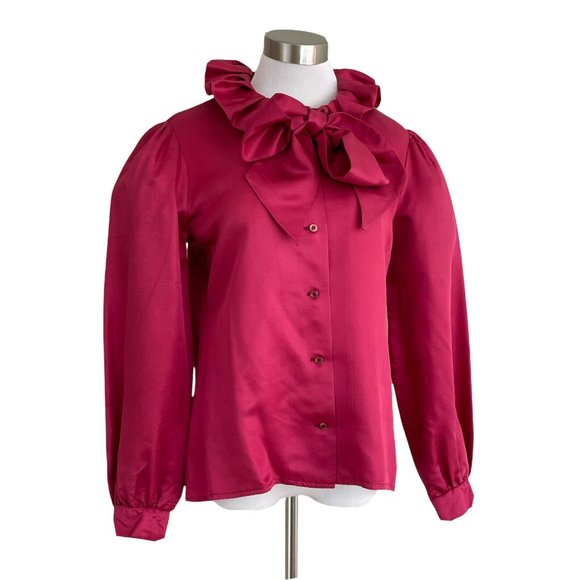 Vintage 1970’s Cranberry Silk Pussy Bow Blouse Samuel Roberts Puff Sleeve Top - Picture 6 of 9